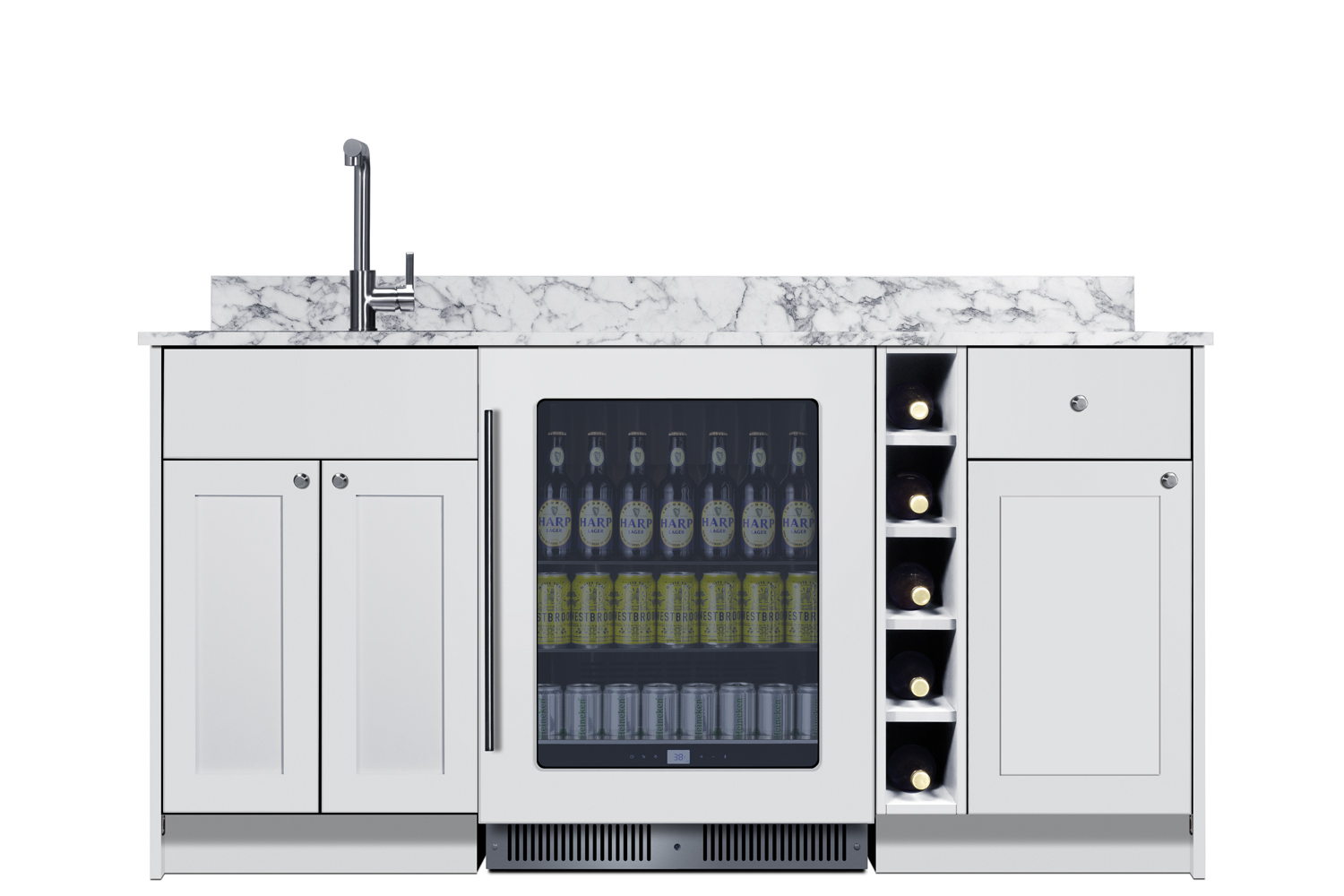 Turnkey Oasis Wet Bar featuring pre-assembled cabinetry and countertop with stainless steel sink, glass door beverage center, wine cubby, and storage cabinetry; ships in two boxes on one pallet